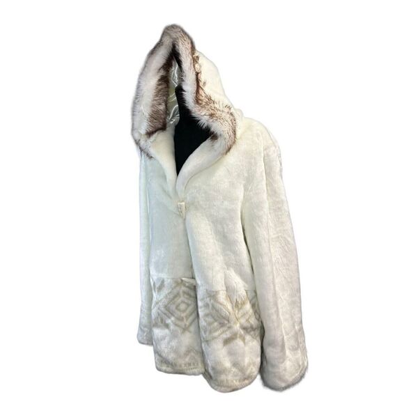 Hannah by Mar Lo White Faux Fur Hooded Coat Size Large - Picture 5 of 13